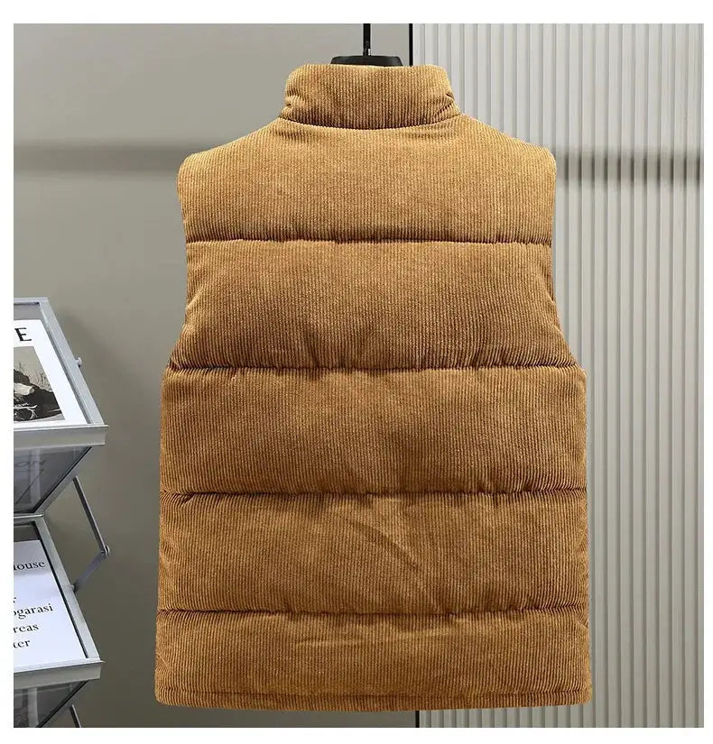 Corduroy padded vest for men; tan sleeveless winter jacket with stand-up collar, quilted thick padding and zip front