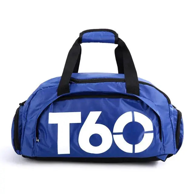 Gym bag Simples Market blue waterproof duffel with black handles and T60 logo