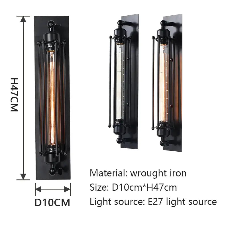 Retro industrial iron wall light by Simples Market; black cage frame with cylindrical glass tube and E27 bulb.