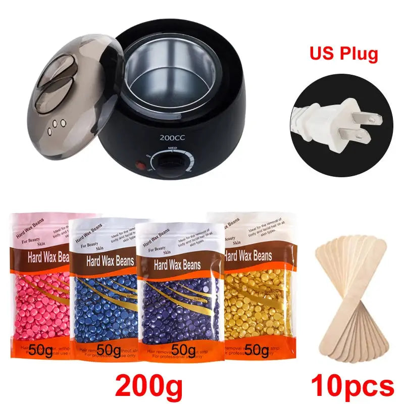 Paraffin wax heater kit by Simples Market, 200cc with US plug, 4x50g hard wax beans and 10 spatulas