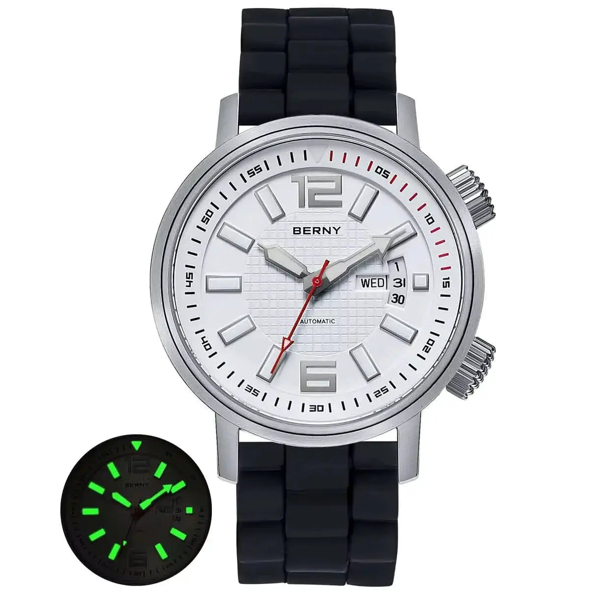 BERNY men’s diver watch with white dial, stainless steel case, black silicone strap, luminous hands, automatic, 20 ATM