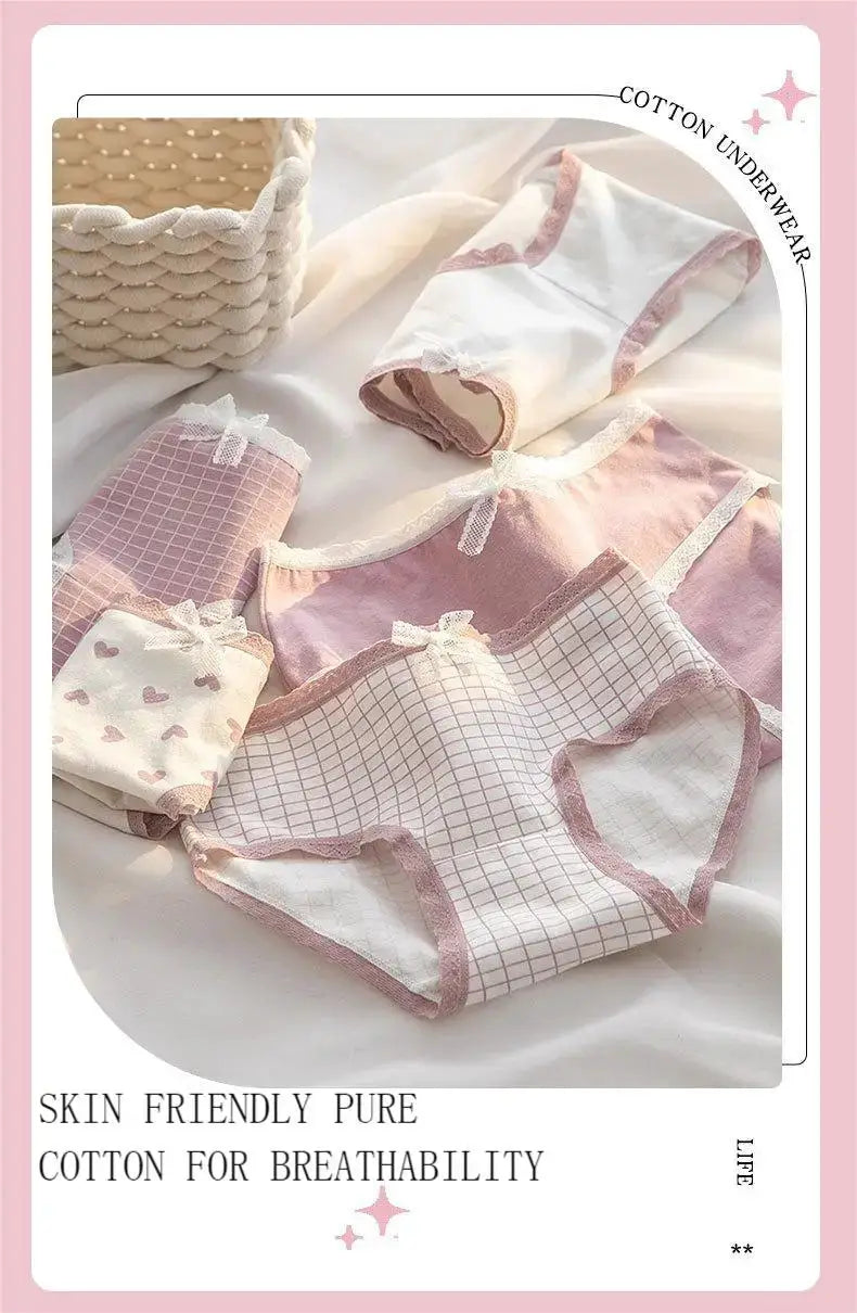 5-piece cotton panties for women by Simples Market; pastel pink and white with lace trim