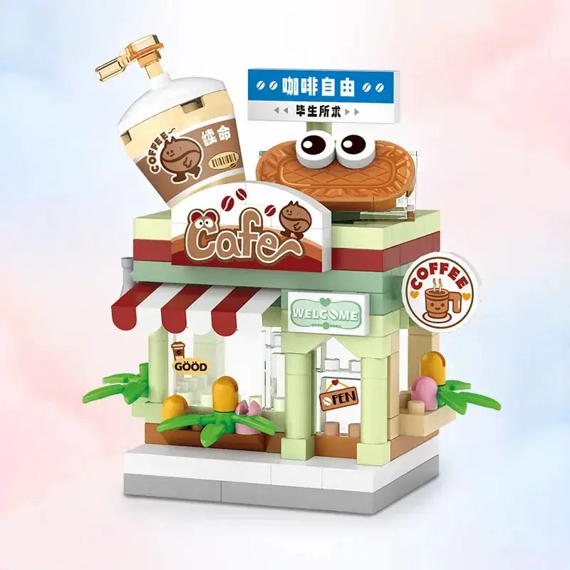 Restaurant Dessert Coffee Street View Building Blocks Kit With Pet And Fruit Store Model For Kids And Adults