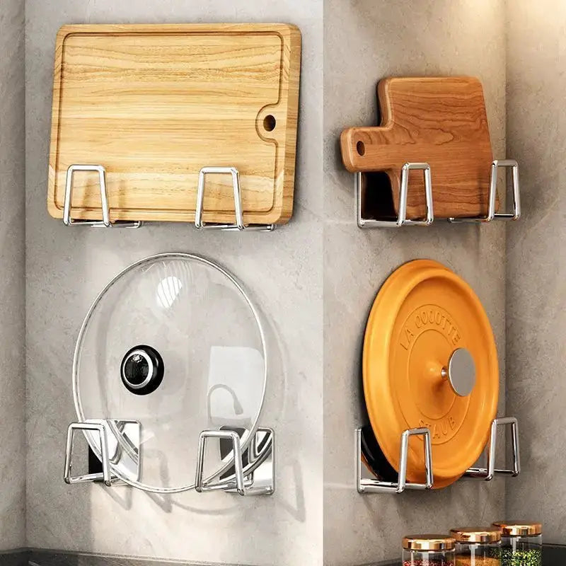 Stainless Steel Wall Mounted Non Perforated Storage Rack for Pot Lids Cutting Boards and Cabinet Organization