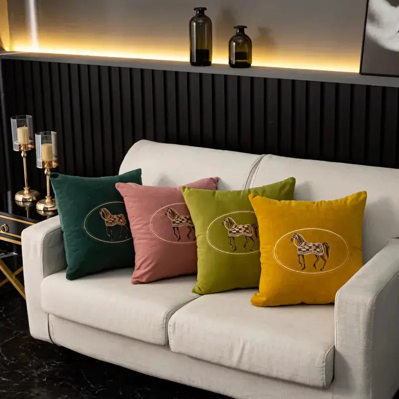 Simples Market hand-embroidered horse pattern cushion covers, 45x45cm, set of four in green, pink, olive, yellow.