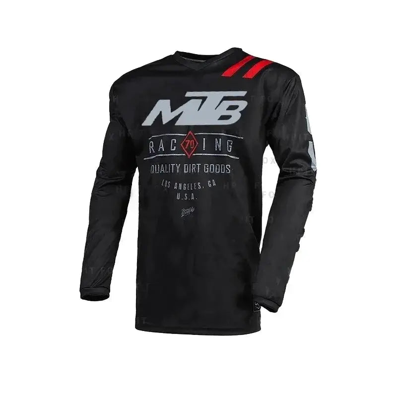 Unisex black motocross MTB long-sleeve jersey with MB Racing graphic and red shoulder stripes.