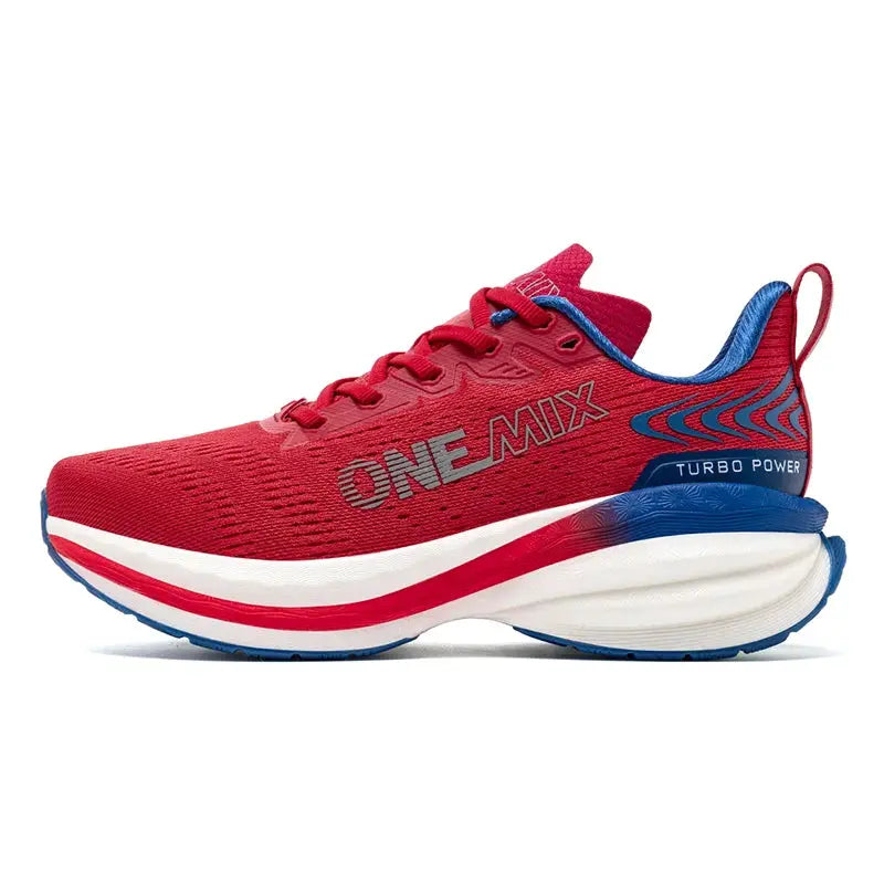 ONEMIX men's red running shoe with breathable mesh and blue sole