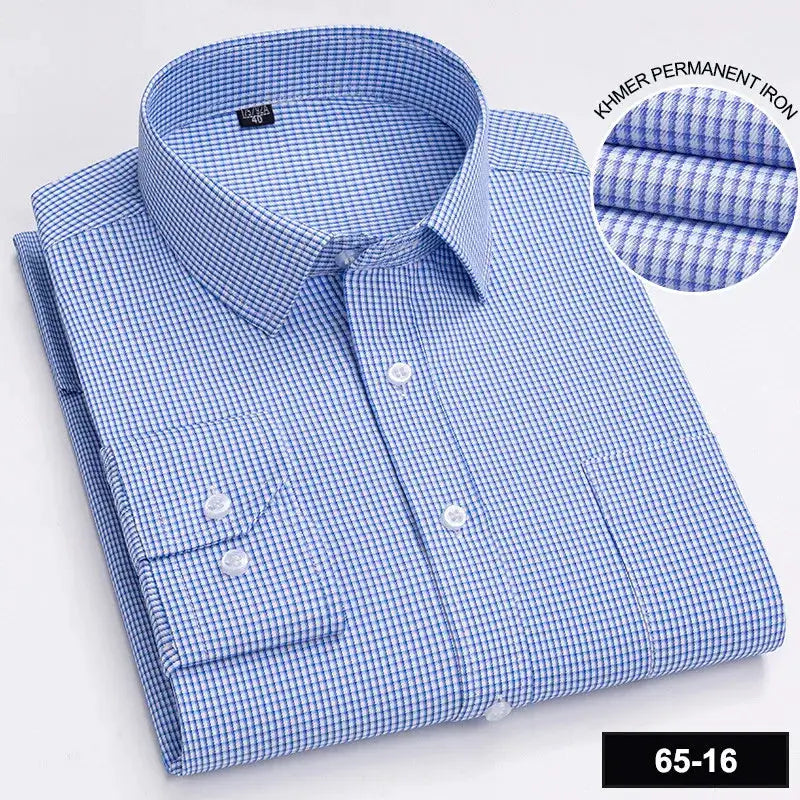 Men's long-sleeve blue micro-check shirt by Simples Market, button-down with single chest pocket.