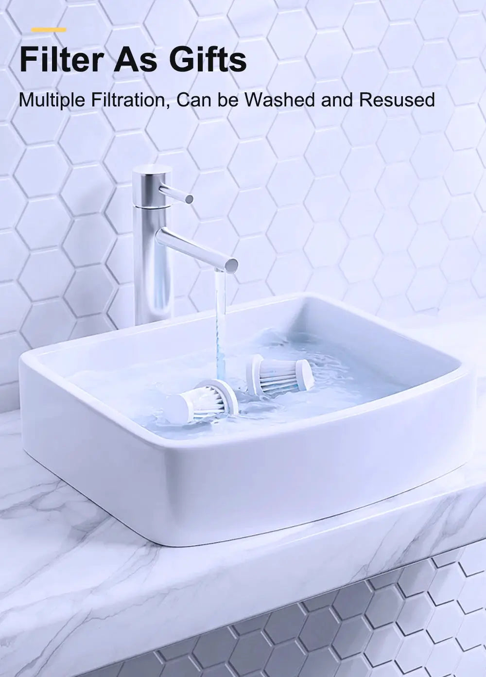 Bathroom faucet with chrome finish over a white basin, water running and two white cylindrical filter attachments.