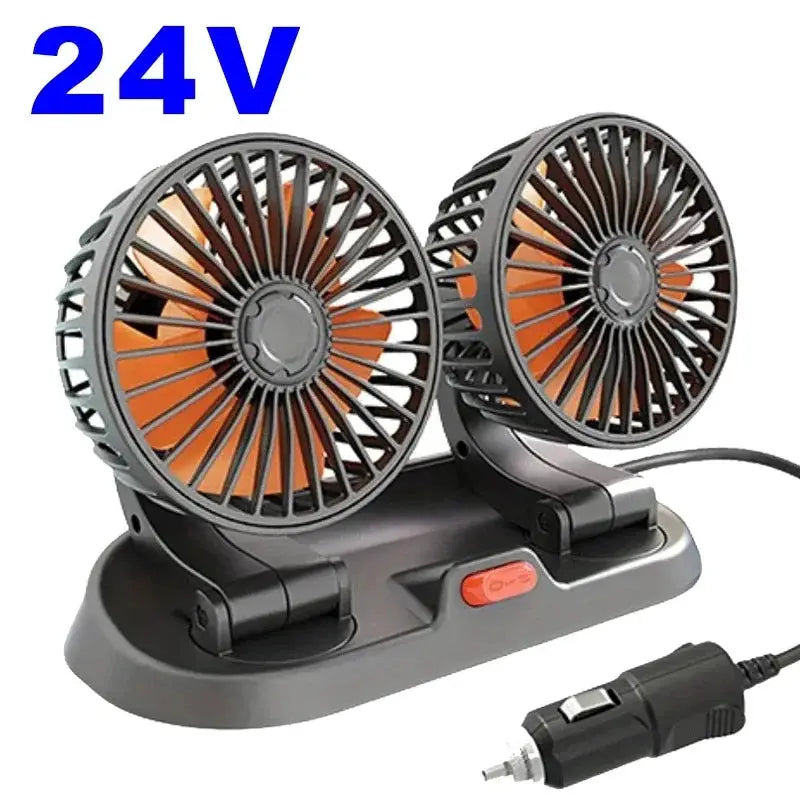 Simples Market dual-head car fan, black with orange blades on a gray base, includes car plug.