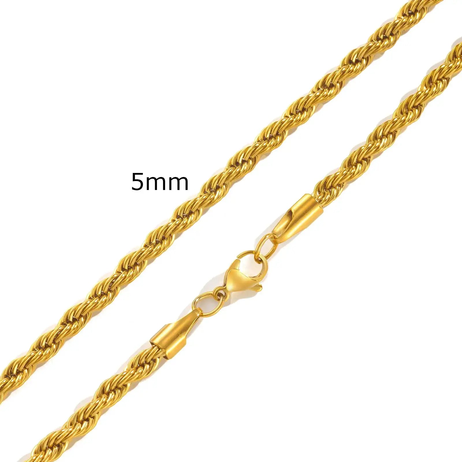 Gold-tone stainless steel rope chain necklace, 5mm wide, lobster clasp, 16–36 inch lengths.