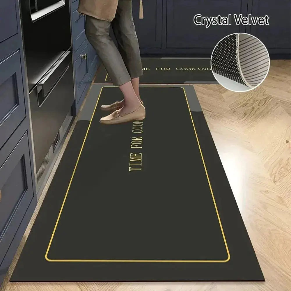 Simples Market non-slip kitchen mat runner in black crystal velvet with gold border