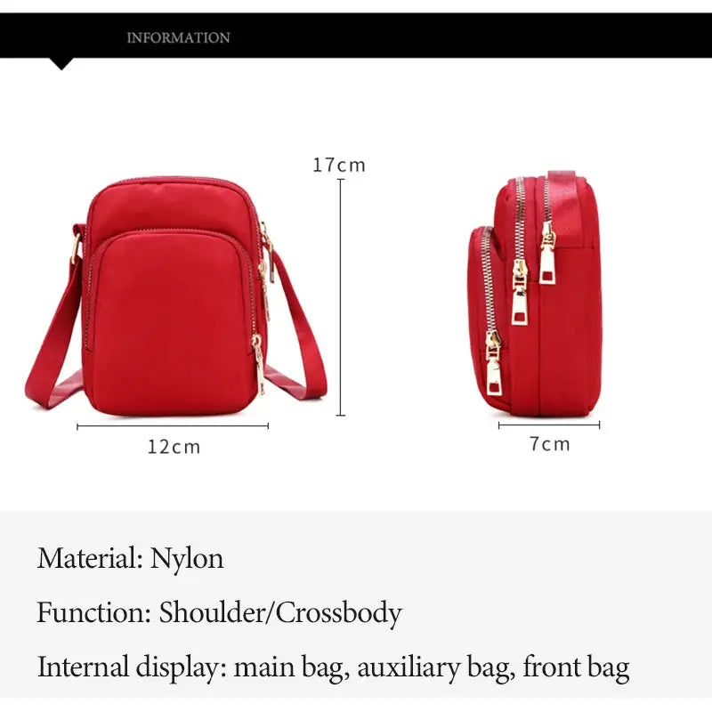 Women's red nylon crossbody bag with gold zippers, adjustable strap, waterproof