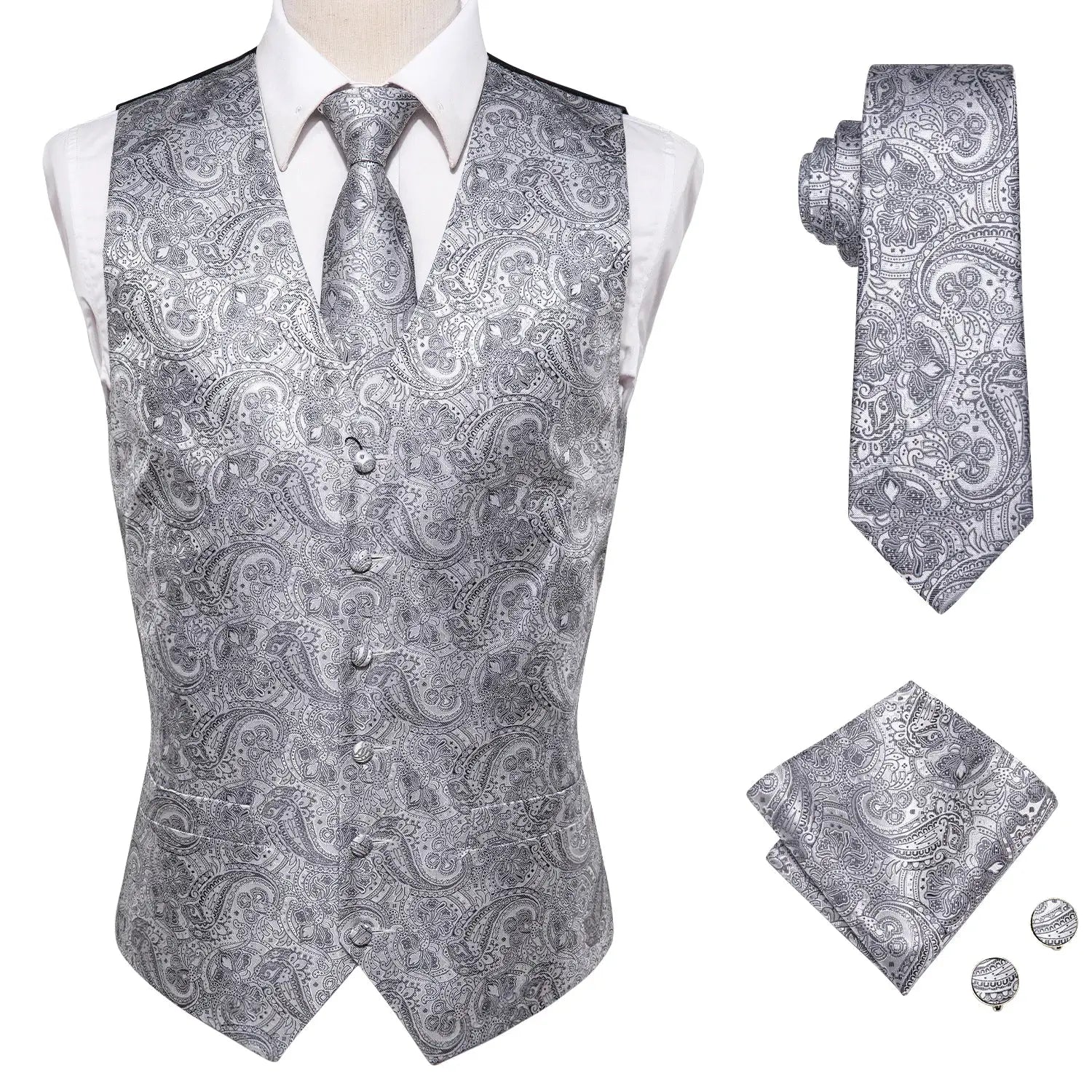 Men's 4-piece silver-gray paisley wedding waistcoat set with tie, pocket square, and cufflinks
