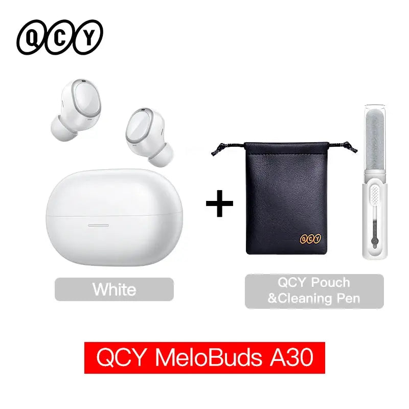 QCY MeloBuds A30 wireless earbuds pair, white with charging case; includes black pouch and cleaning pen