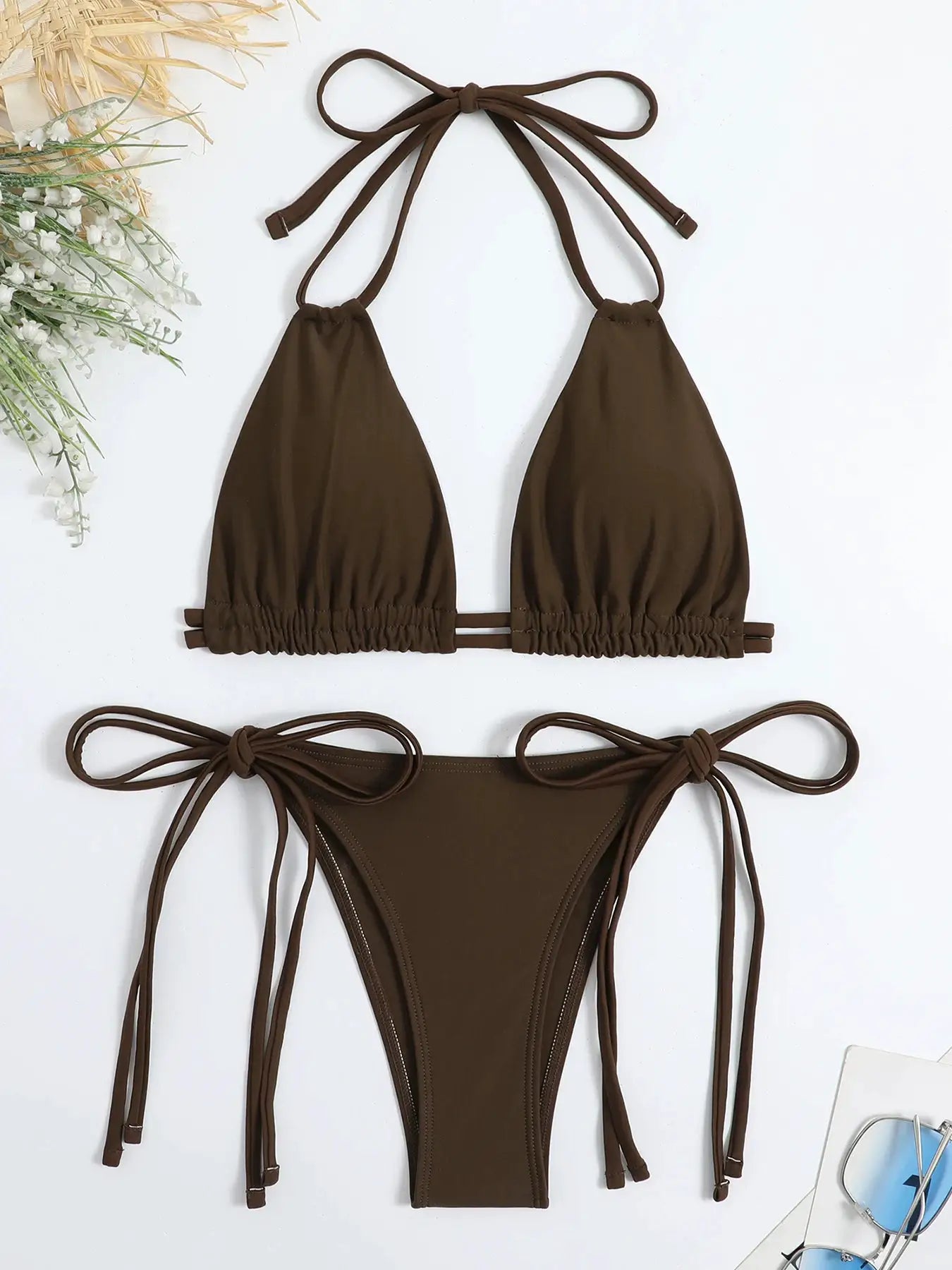 Brown solid bandage bikini set two-piece halter top with side-tie bottoms by Simples Market