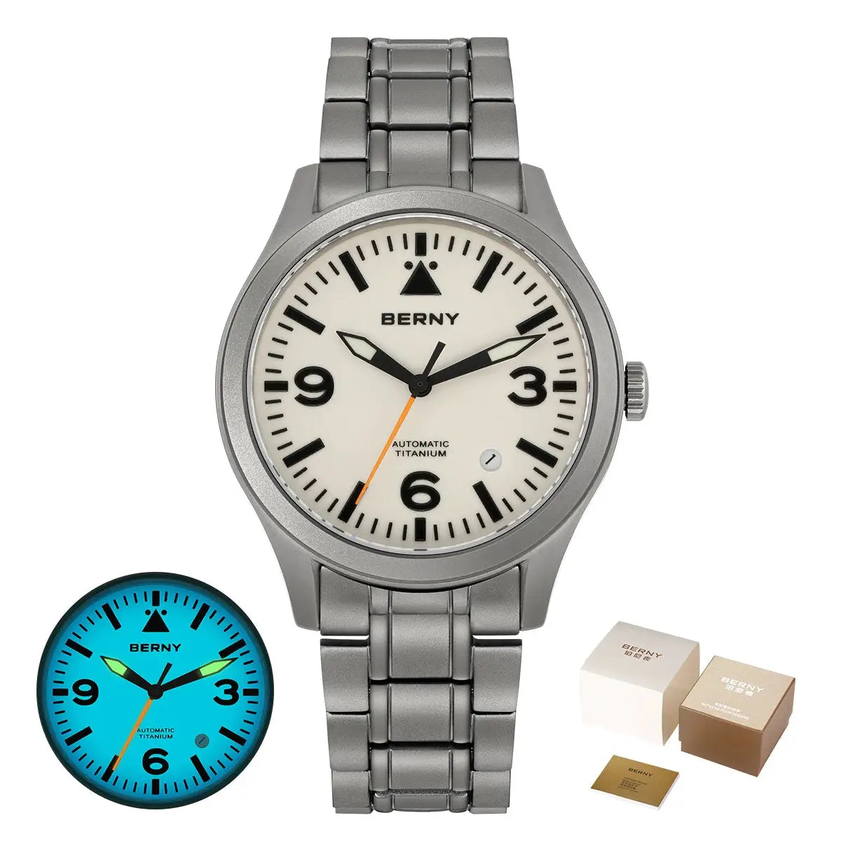 BERNY titanium automatic men's watch with silver bracelet and cream dial; blue-dial variant included (2 watches)