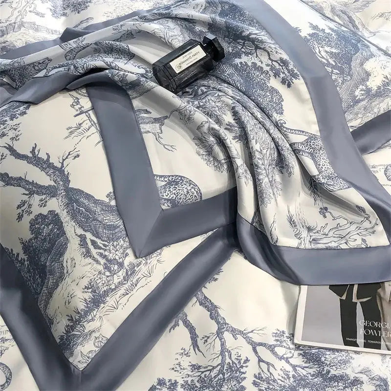 Simples Market bedding set: eucalyptus Lyocell duvet cover with blue forest plant print and grey border