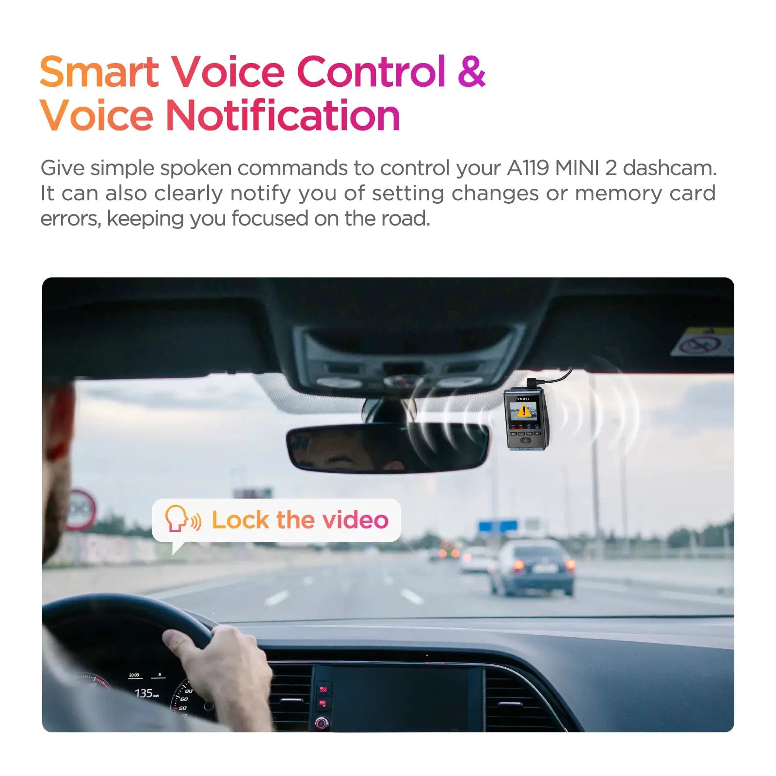 VIOFO A119MINI-2 dash cam mounted on car windshield with display screen visible.
