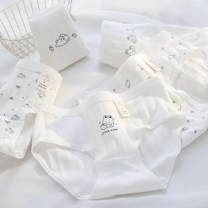 Women's white cotton seamless panties set with Little Dunn bunny print