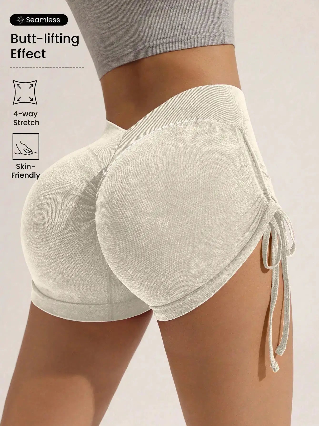 Simples Market drawstring frosted shorts for women in light beige with butt-lifting effect and 4-way stretch