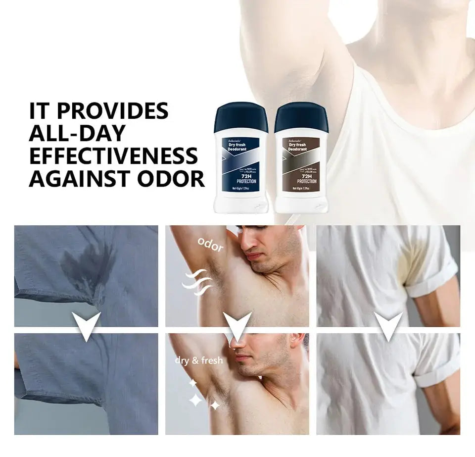 Simples Market men’s deodorant sticks (2) with blue and brown labels, offering 72H odor protection.