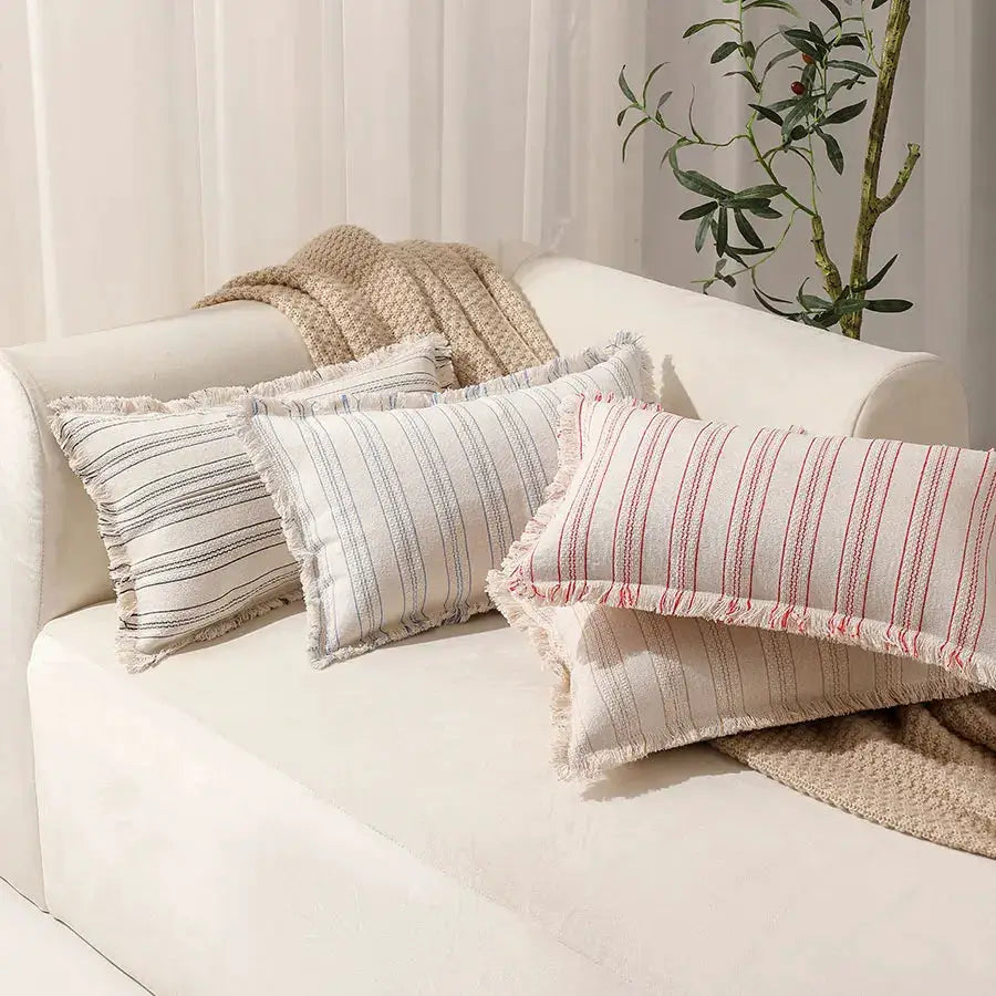 Simples Market Summer Boho pillow covers 30x50, striped with fringed edges, set of 4 on white sofa