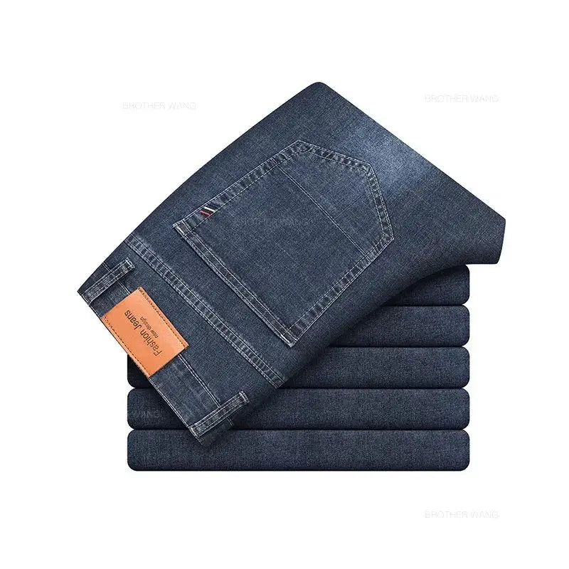Simples Market men's gray elastic cotton denim jeans, casual straight-fit pants, folded stack