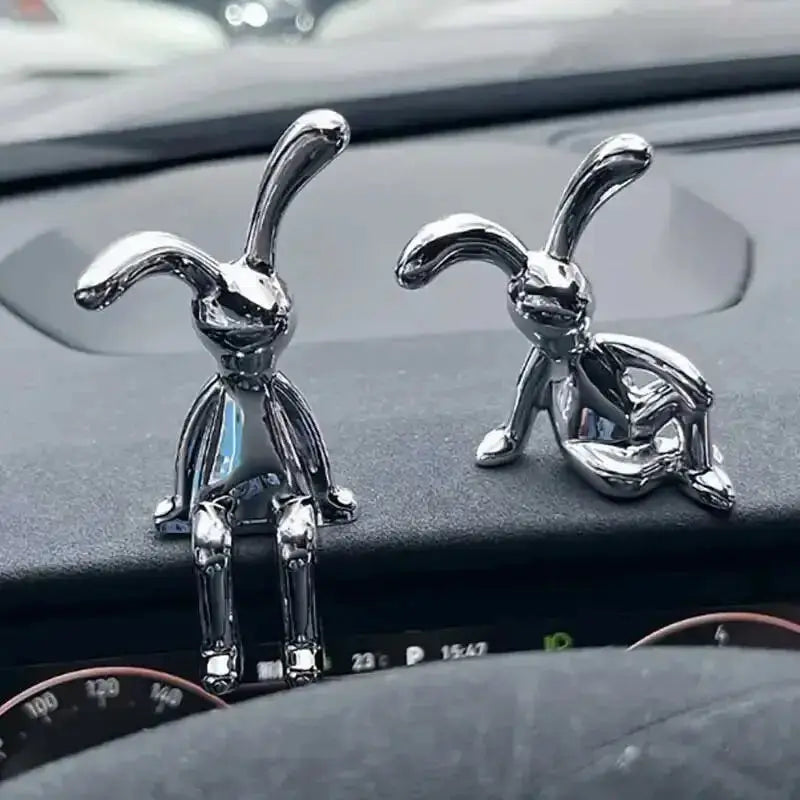 2 Piece Long Eared Rabbit Statues Set Cartoon Silver Electroplated Desktop Ornament for Home Living Room Car Decor