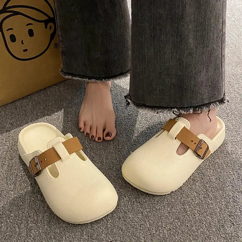 SmilePoP women’s cream EVA clogs with brown buckle strap; Simples Market outdoor garden slippers (pair).