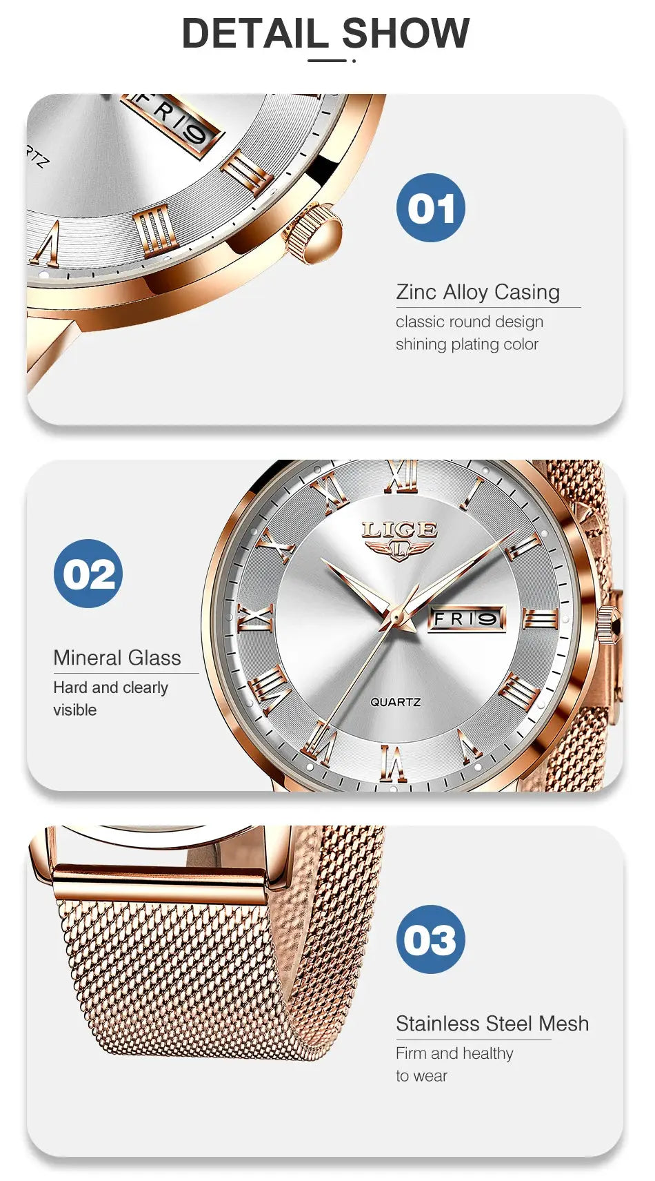 LIGE women's luxury watch with a rose-gold stainless steel mesh band and zinc alloy case
