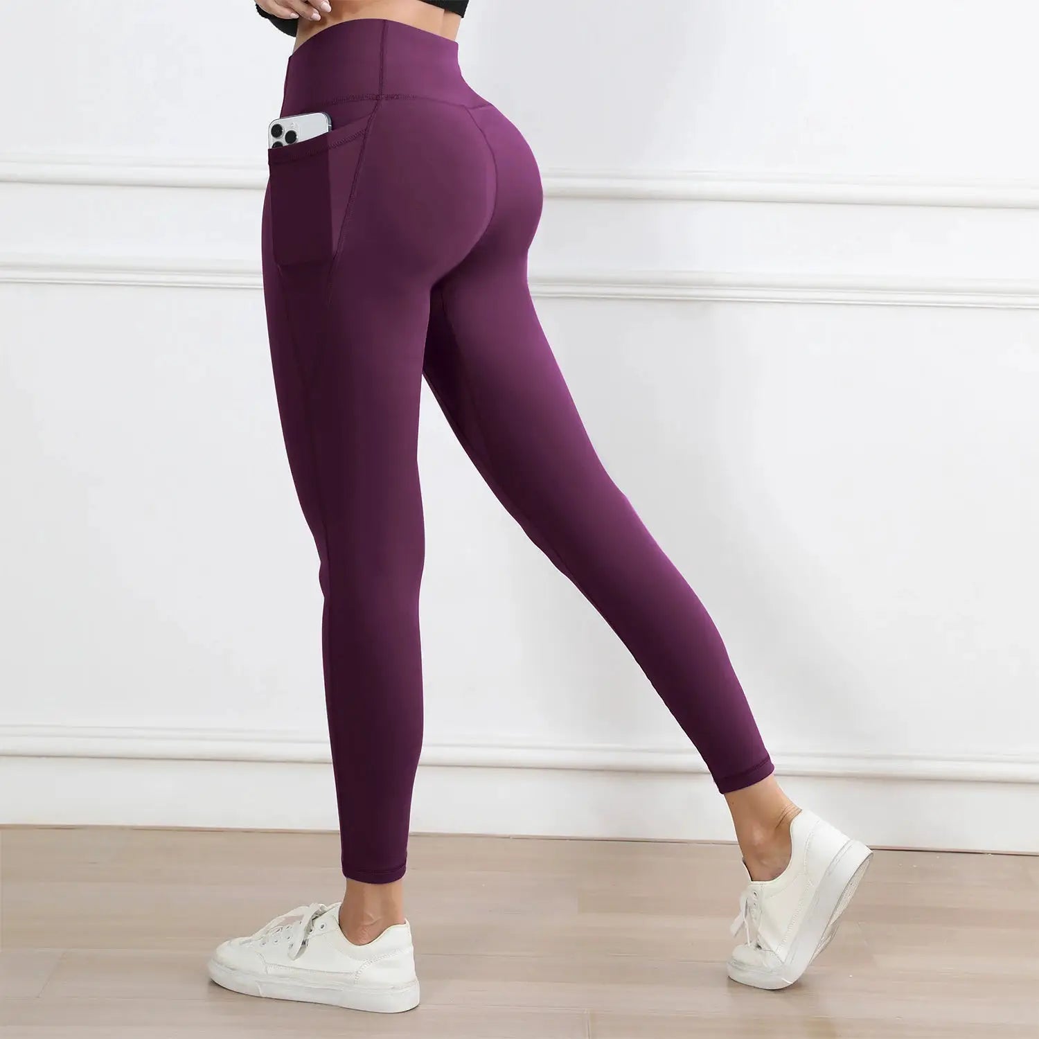 Women's purple high-waist leggings with pockets, butt-lifting workout tights by Simples Market