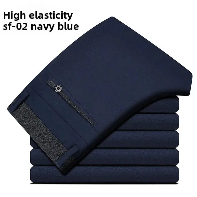 Elastic waist dress pants for men, navy blue, wrinkle-resistant slim fit chinos