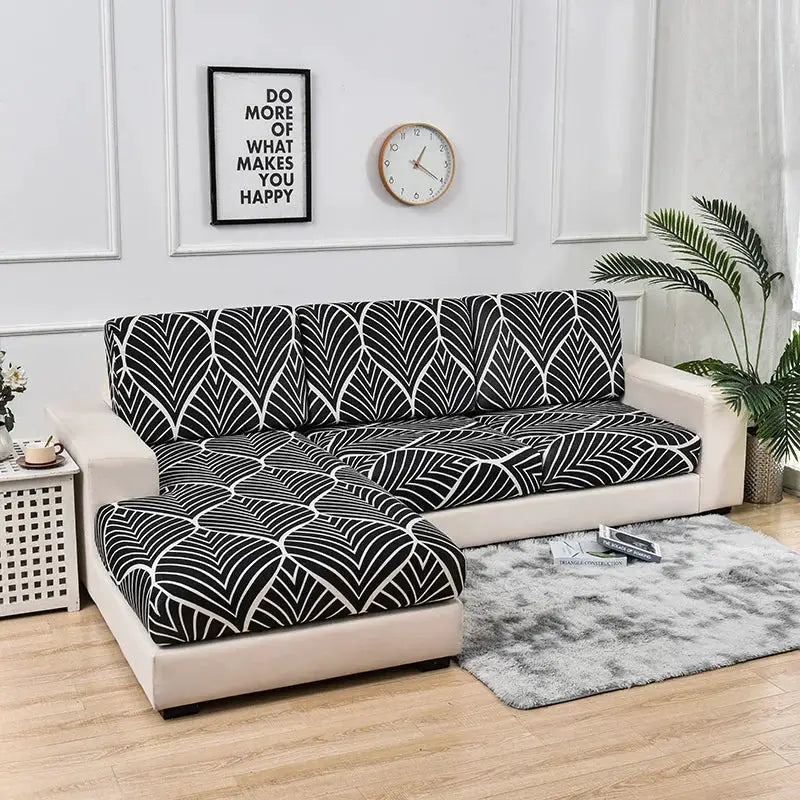 Stretch couch cushion slipcovers for sofa cushions in black and white geometric leaf pattern with anti-slip fit.