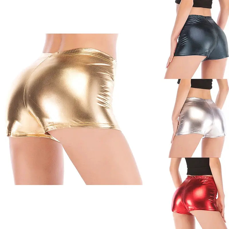 Women shiny metallic yoga shorts set in 4 colorways (gold, silver, black, red); mid-waist booty PU by Simples Market