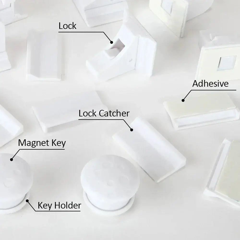 Simples Market baby safety lock kit; white magnetic cabinet latch set with adhesive, lock catcher, magnetic key, key holder