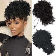 Afro Puff Kinky Curly Updo Ponytail Extension with Bangs, black synthetic drawstring ponytail, 3-piece