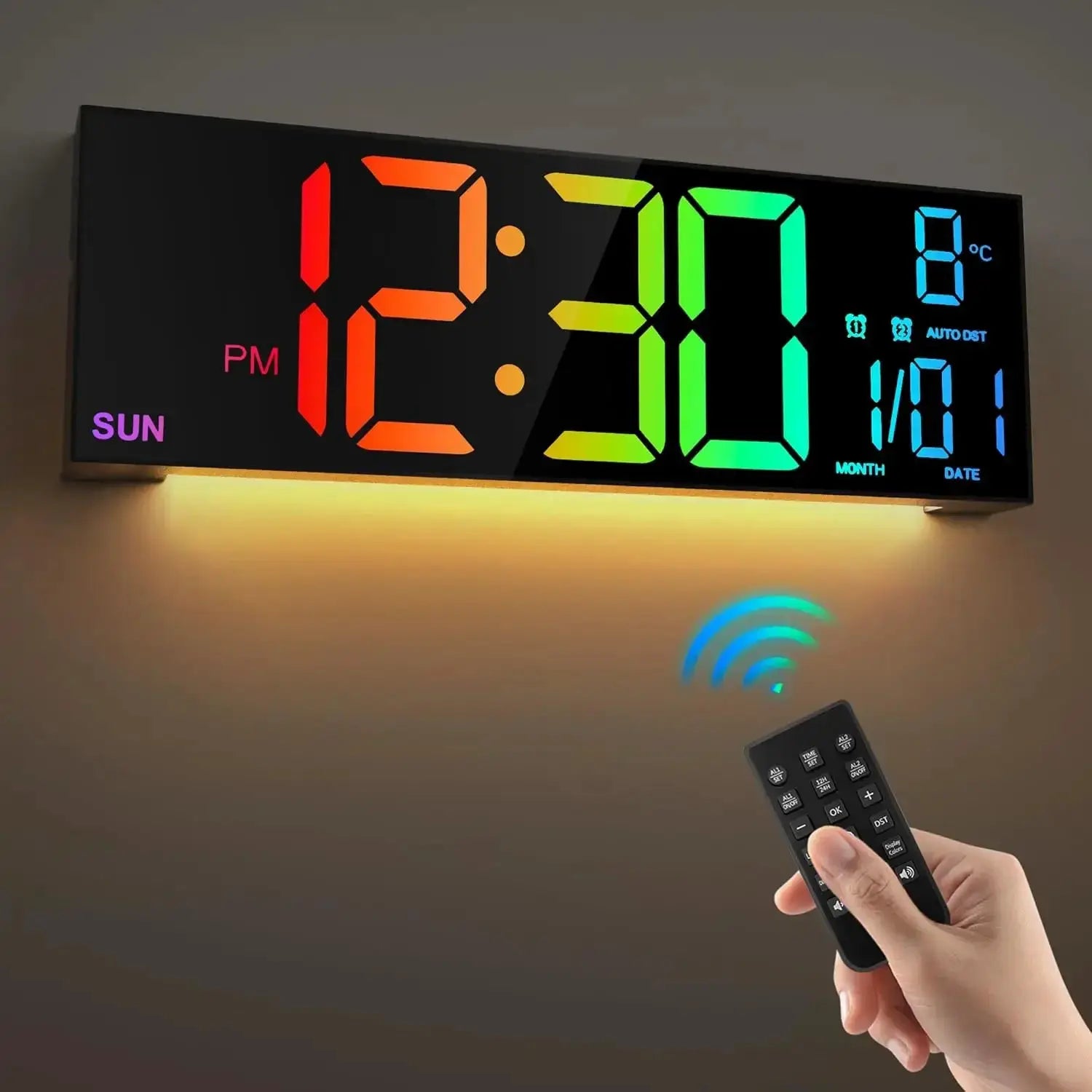 Simples Market 16.2-inch large digital wall clock with remote, rainbow RGB LED digits, dual alarm