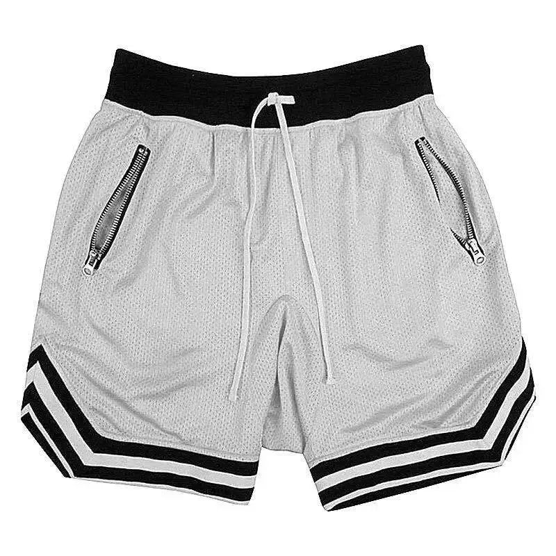Men's mesh basketball shorts with gray quick-dry fabric, black elastic waistband, zip pockets, and striped hem.