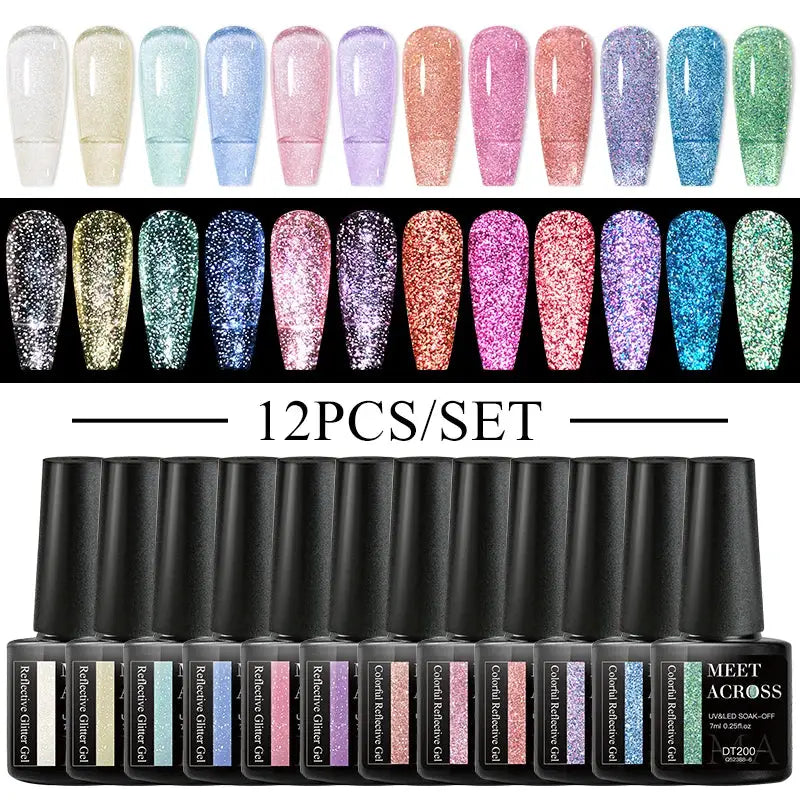 MEET ACROSS 12-piece glitter gel nail polish set with assorted glitter shades in black-cap bottles