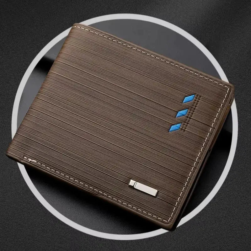 Brown leather bifold men's wallet with stripe texture, metal money clip and blue diamond accents.