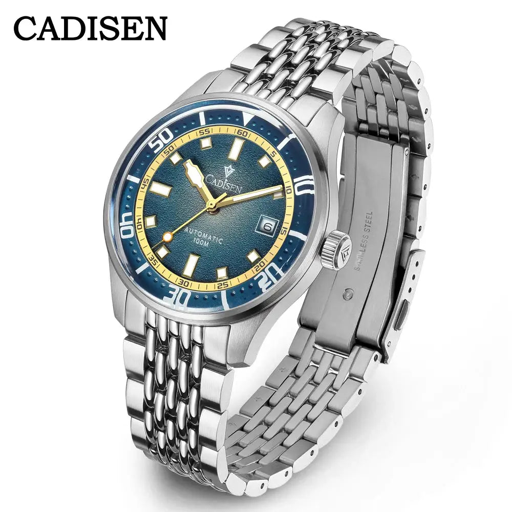 CADISEN automatic men's watch with blue dial and stainless steel bracelet