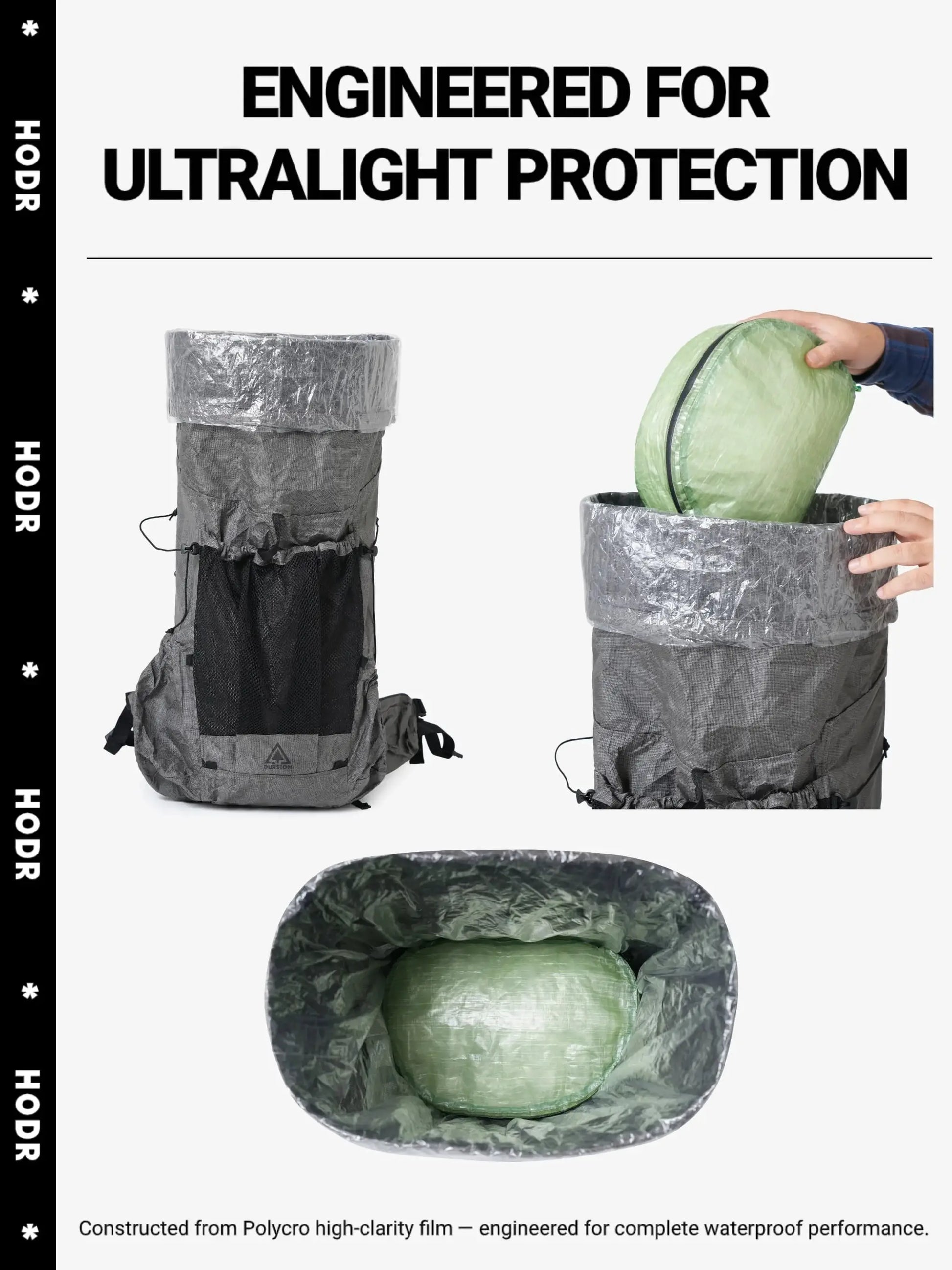 Simples Market ultralight polycro backpack liner bag; green inner dry bag, waterproof storage for hiking.