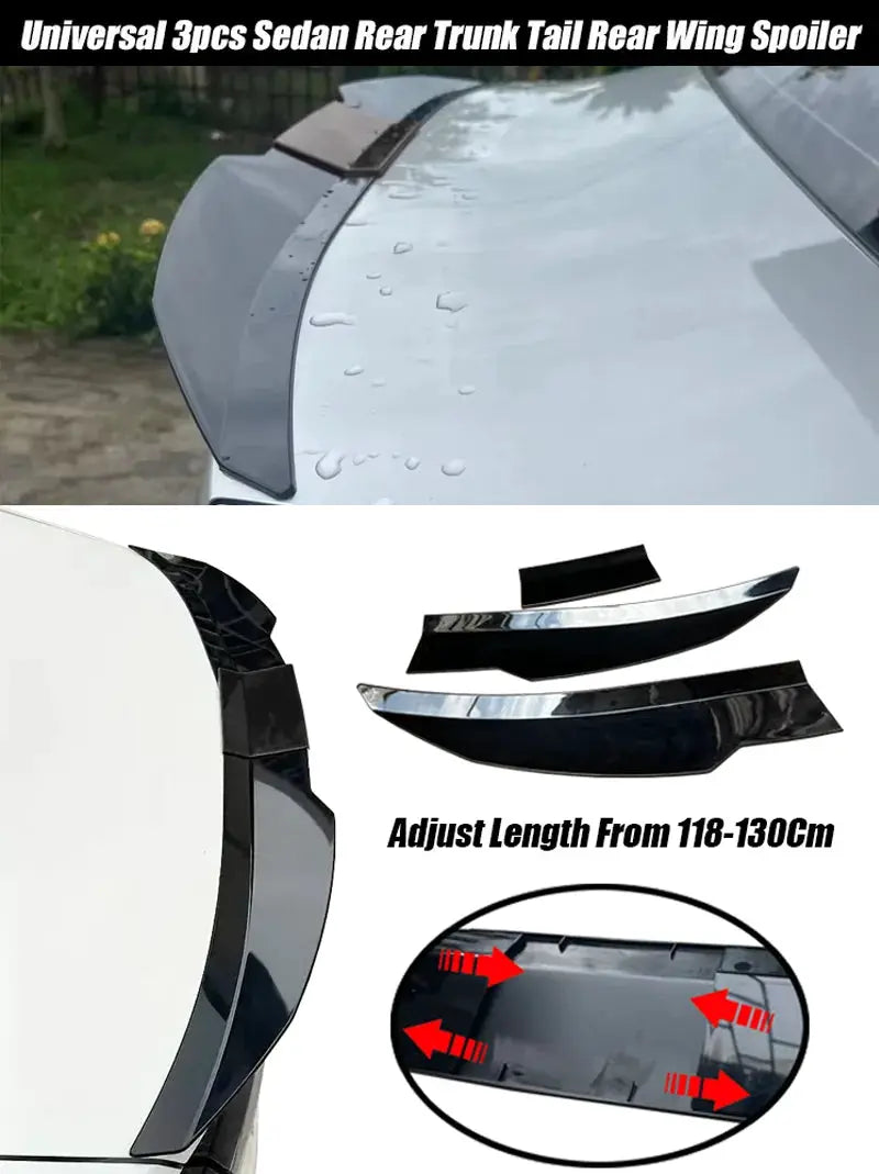 Simples Market universal 3-piece sedan rear trunk wing spoiler kit, adjustable 118–130 cm, black with chrome trim