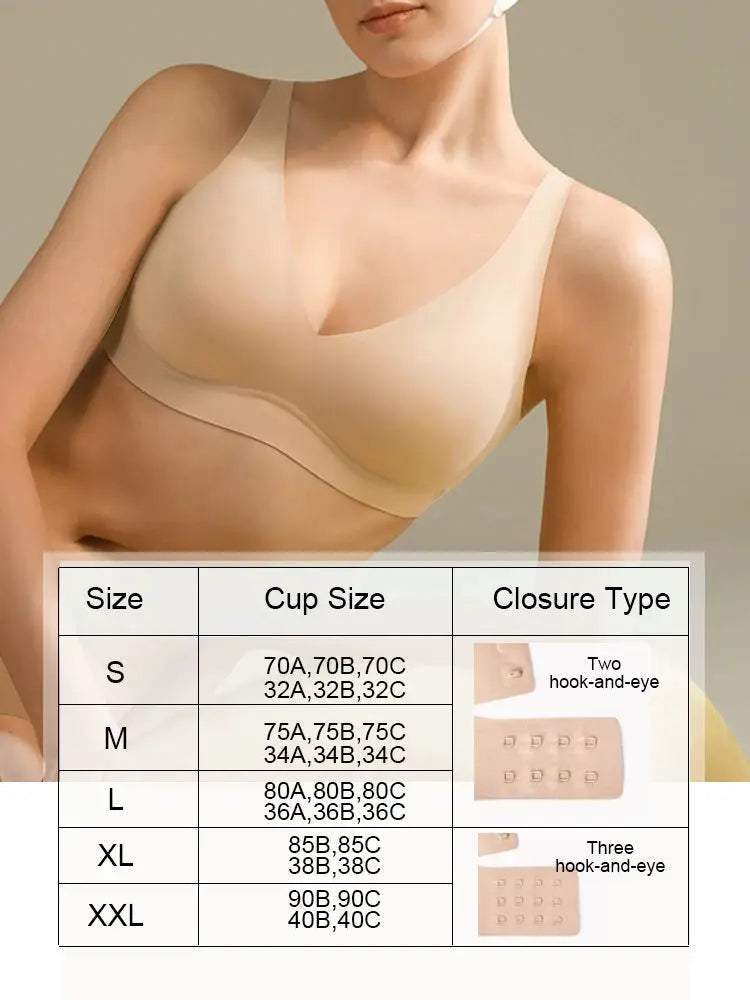 Seamless wireless bra in nude beige, padded V-neck bralette for soft support