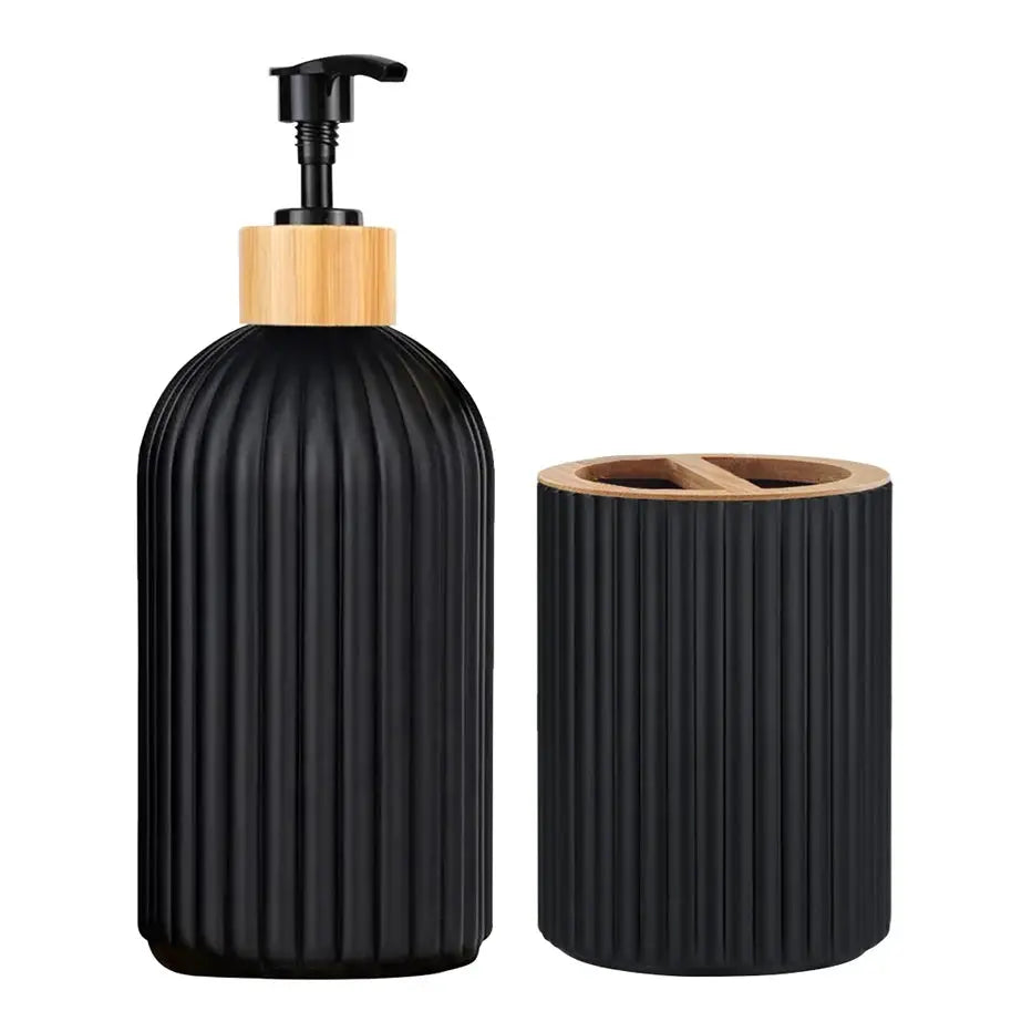 Bathroom Countertop Organizer With Hand Soap Dispenser Cotton Ball Storage And Toothbrush Holder Bamboo Accents