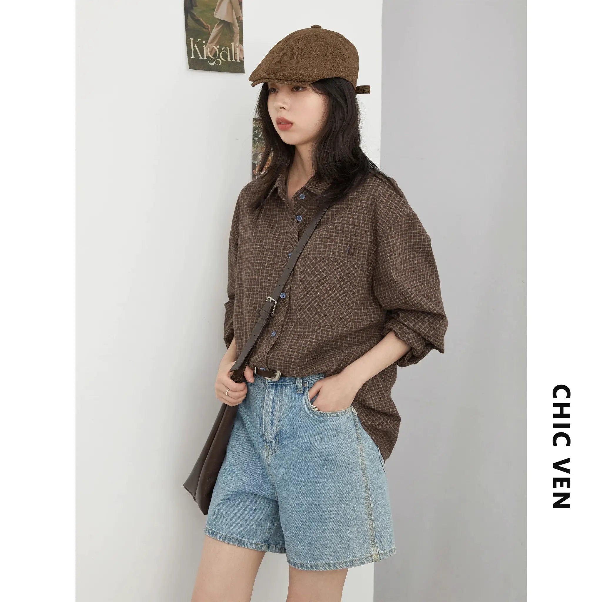 CHIC VEN women's loose brown plaid shirt with chest pocket and blue buttons, styled with a brown cap