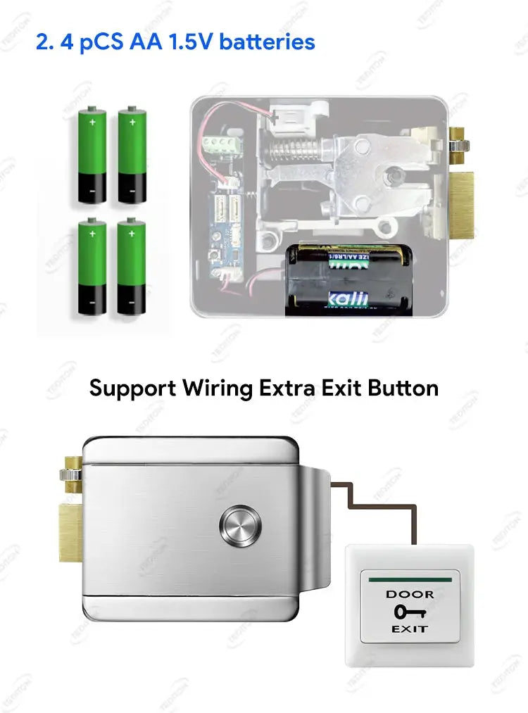 Fingerprint smart door lock by Simples Market - waterproof, silver metal unit with exit button and 4 AA batteries