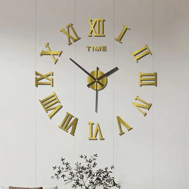 Simples Market large 3D DIY silent wall clock with gold Roman numerals and black hands on a white panel wall