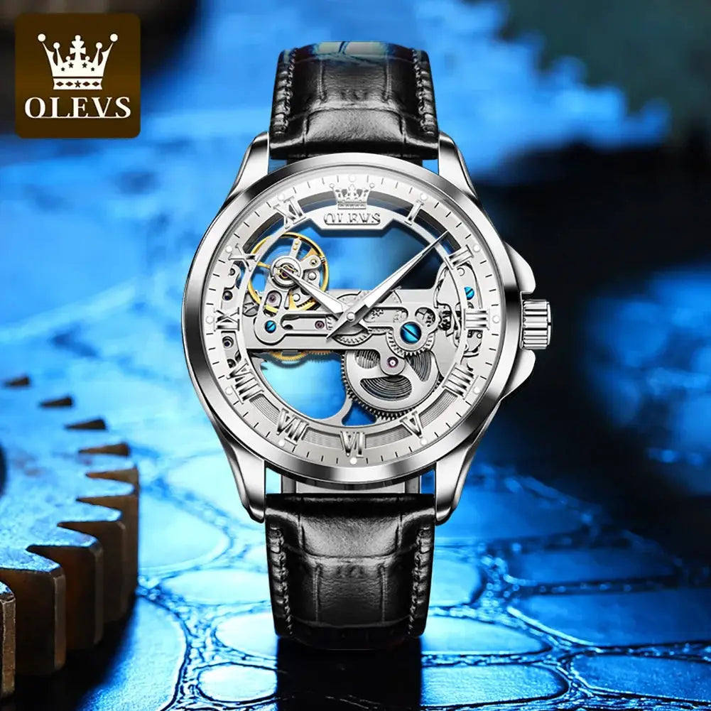 OLEVS skeleton automatic men's watch with black leather strap and silver case